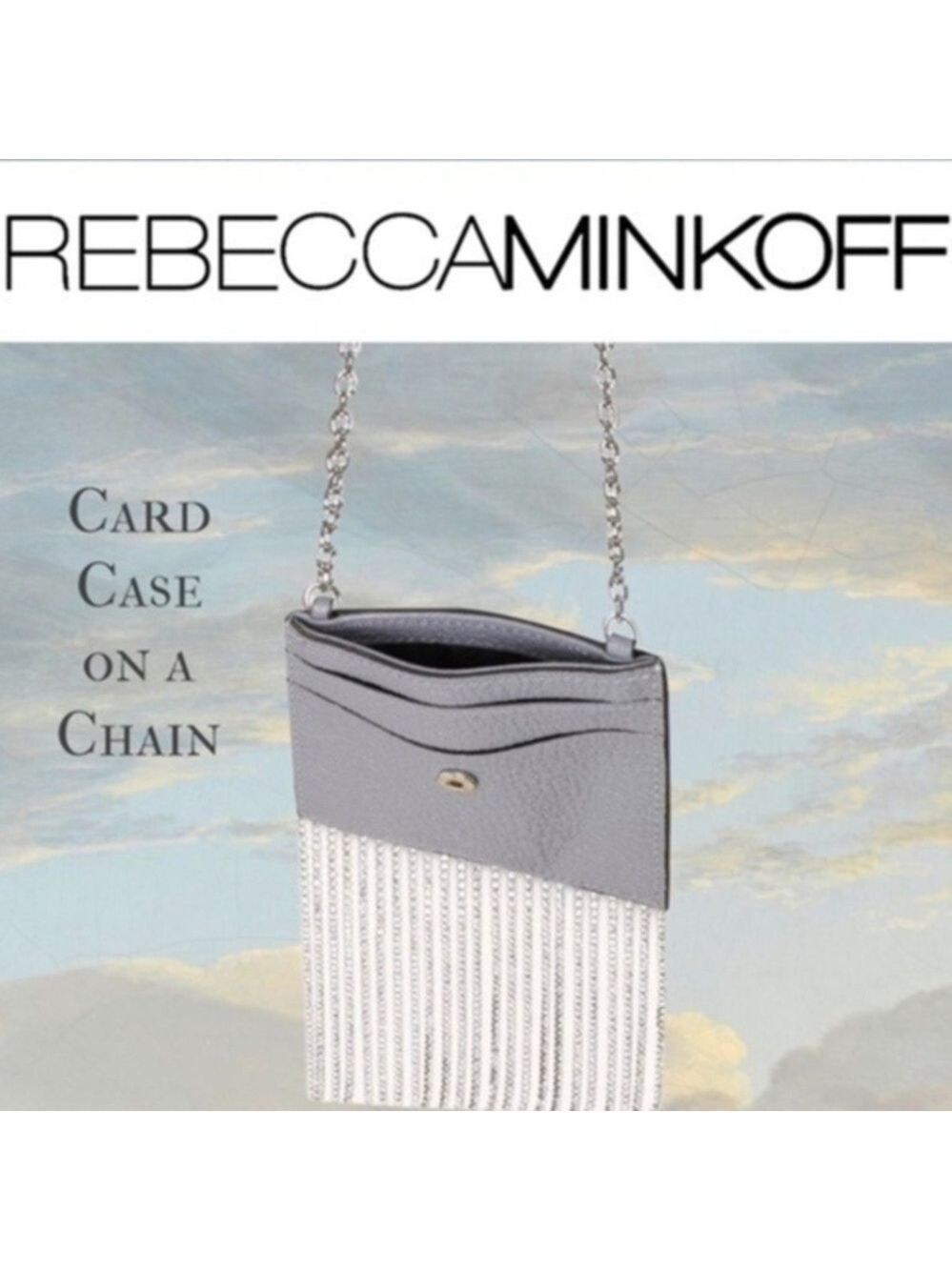REBECCA MINKOFF NWT Rhinestone-Fringe Leather Card Case-Silver Detachable Strap